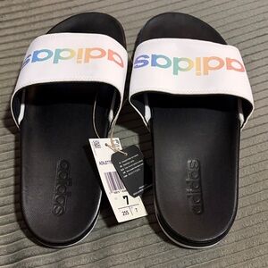 Adidas White Slides with Multicolor Logo